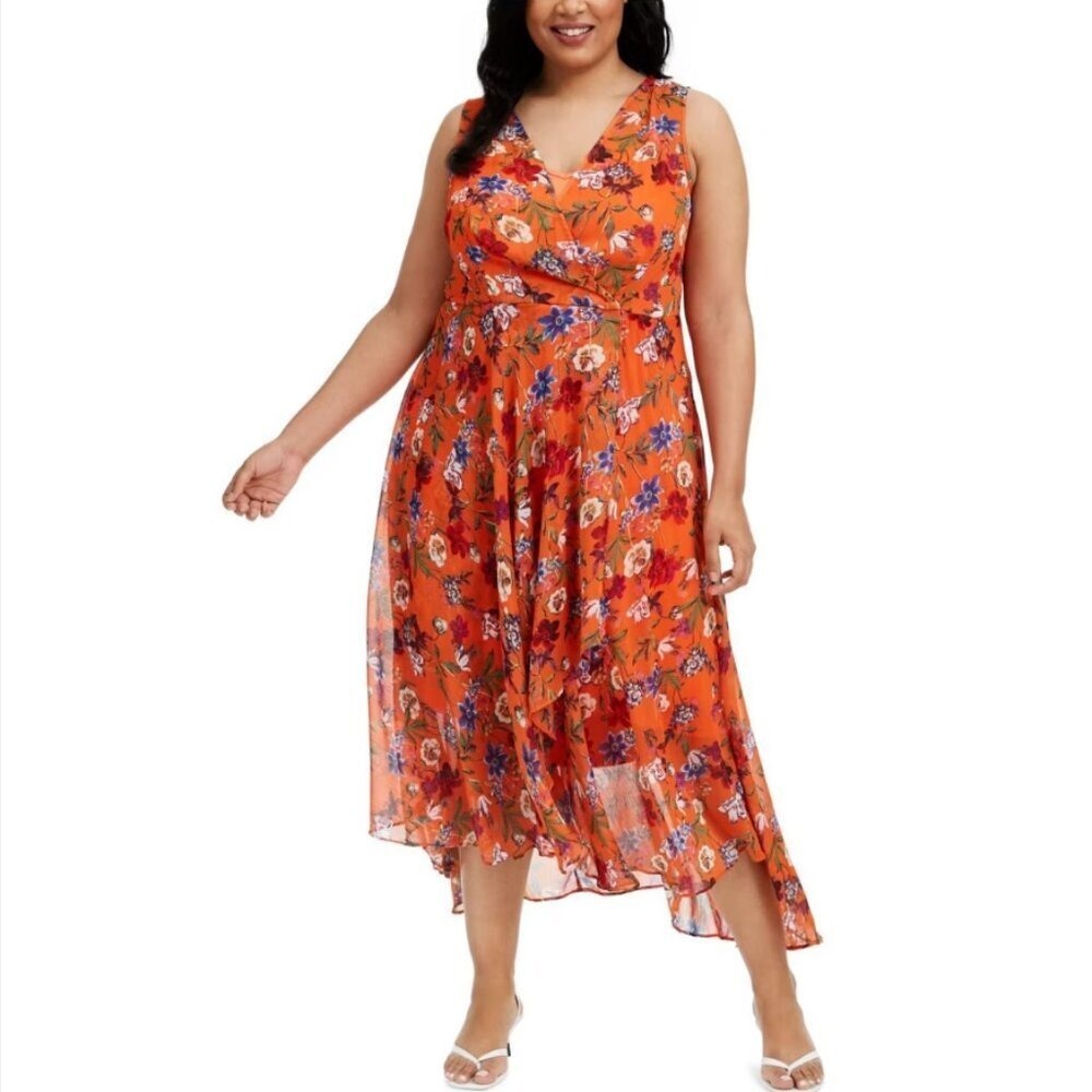 Calvin Klein size 20W Orange Floral Chiffon Surplice Midi Dress Event Romantic‎